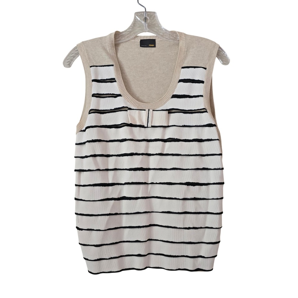 Fendi Sleeveless Knit Striped Bow Top Beige White Black FZ7746 Made in Italy 40